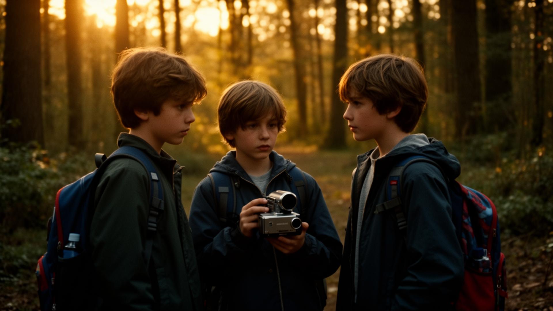 Drie elfjarige hoofdpersonen filmen in een Nederlands bos